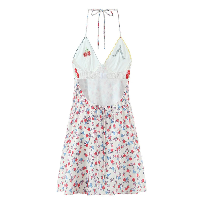 Women Fashion Sweet Floral Print Chic Halter Neck Cami Mini Y2K Embroidery Backless Dress