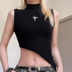 Crop Knit Vest With High Neck And Asymmetrical Hem