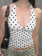 Polka Dot Halter Tank Top With Backless Lace Up Detail Chic Summer