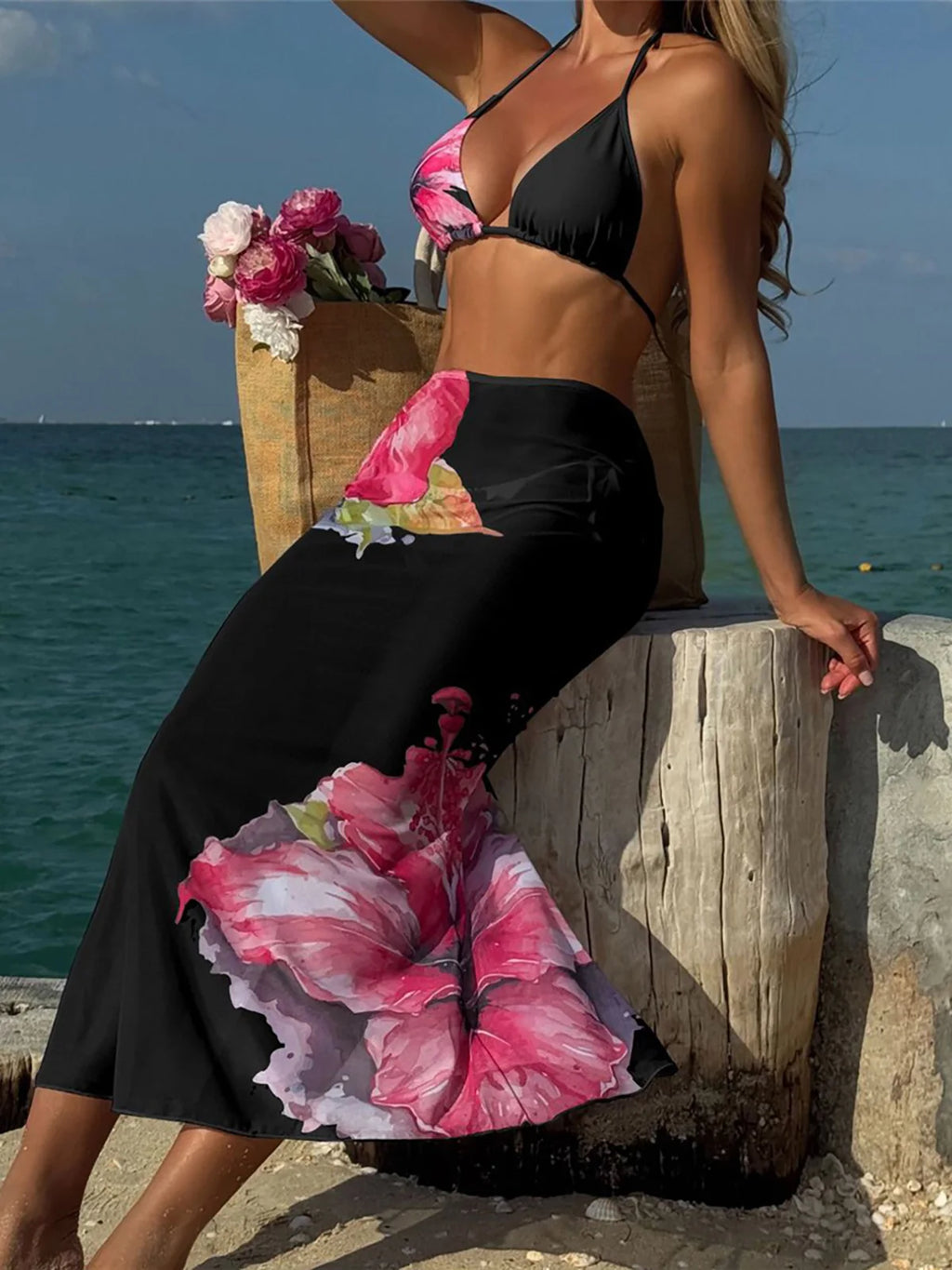 Flowers Printed With Skirt Halter Bikini Three-pieces Bikini set