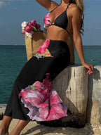 Flowers Printed With Skirt Halter Bikini Three-pieces Bikini set