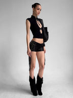 Rivets Decoration Top Stand Collar Navel Exposed Bandage Look Edgy Chic High Street Fashion