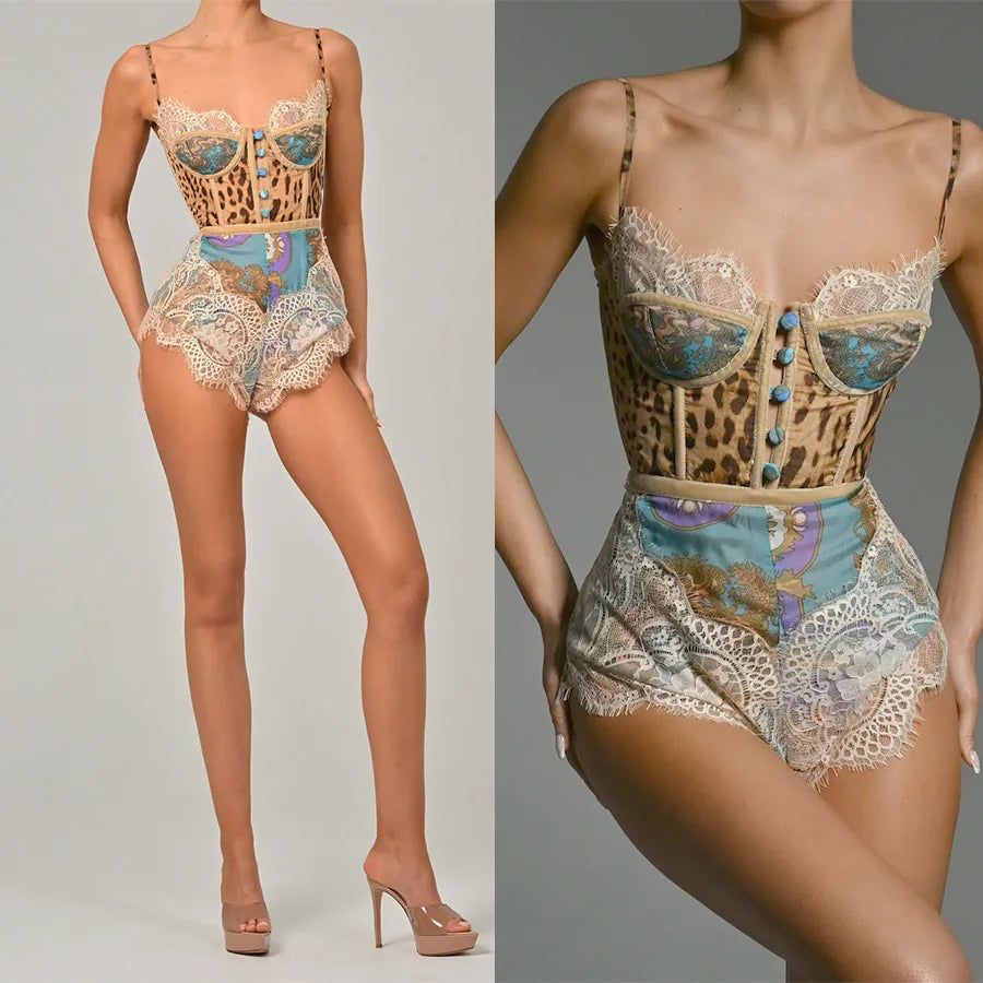 Leopard Patchwork Lace Jumpsuit With Spaghetti Straps