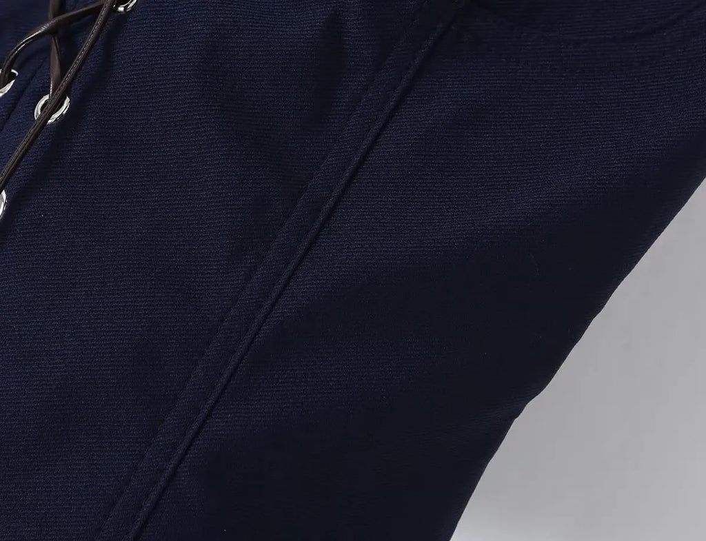 Women's Navy Blue Bustier Blouse With White Patchwork Lace-Up Front