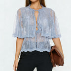 Lace Cape Tops Sexy Ruffled Trim Front Tie Closure Short Sleeve Mesh Blouse
