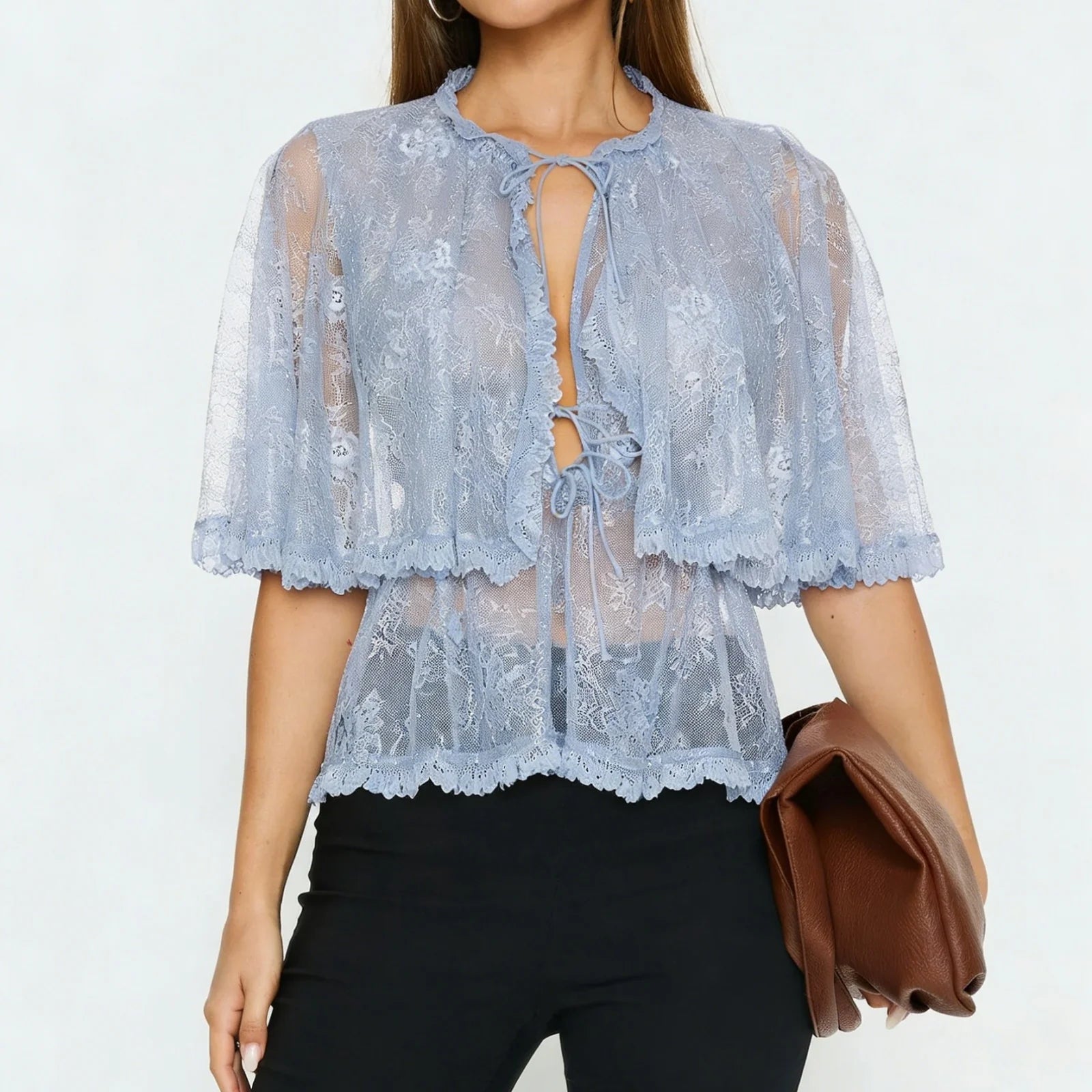 Lace Cape Tops Sexy Ruffled Trim Front Tie Closure Short Sleeve Mesh Blouse