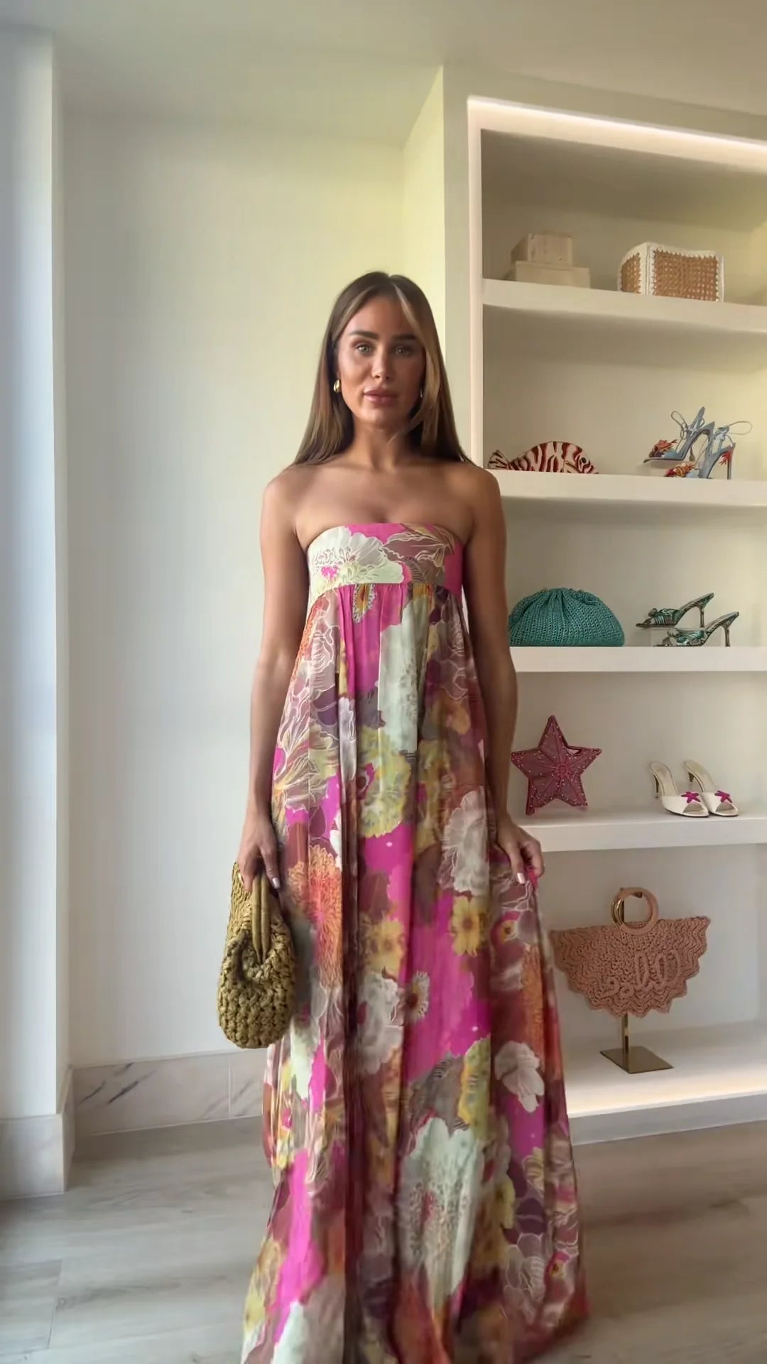 Printed Strapless Maxi Dress Elegant Off Shoulder Backless Gown High Waist