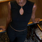 Keyhole Neck Cutout Blouse With Short Sleeves Button Front Collared Fitted