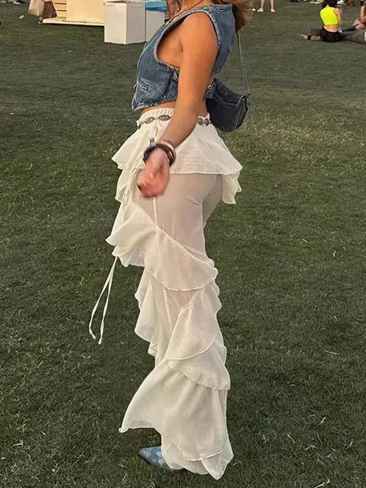 Irregular Tiered Flare Pants With Patchwork See Through