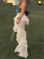 Irregular Tiered Flare Pants With Patchwork See Through