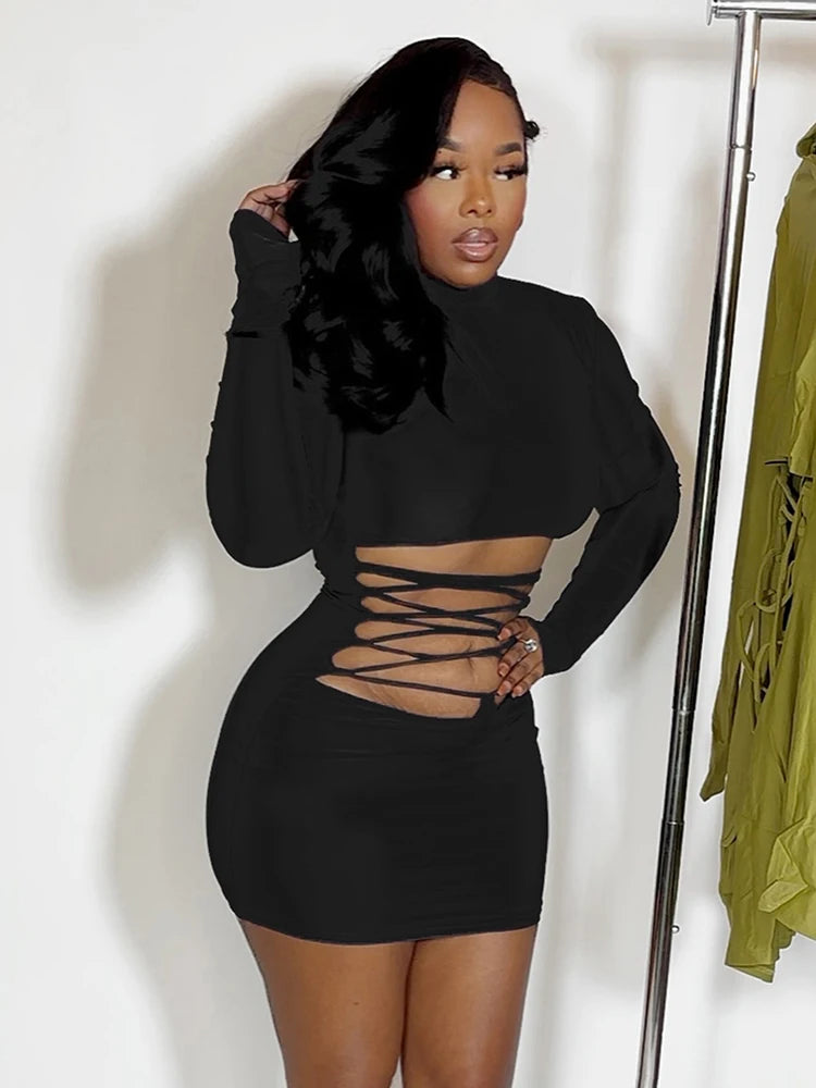 Hollow Out Bandage Mini Dress With High Collar And Long Sleeves