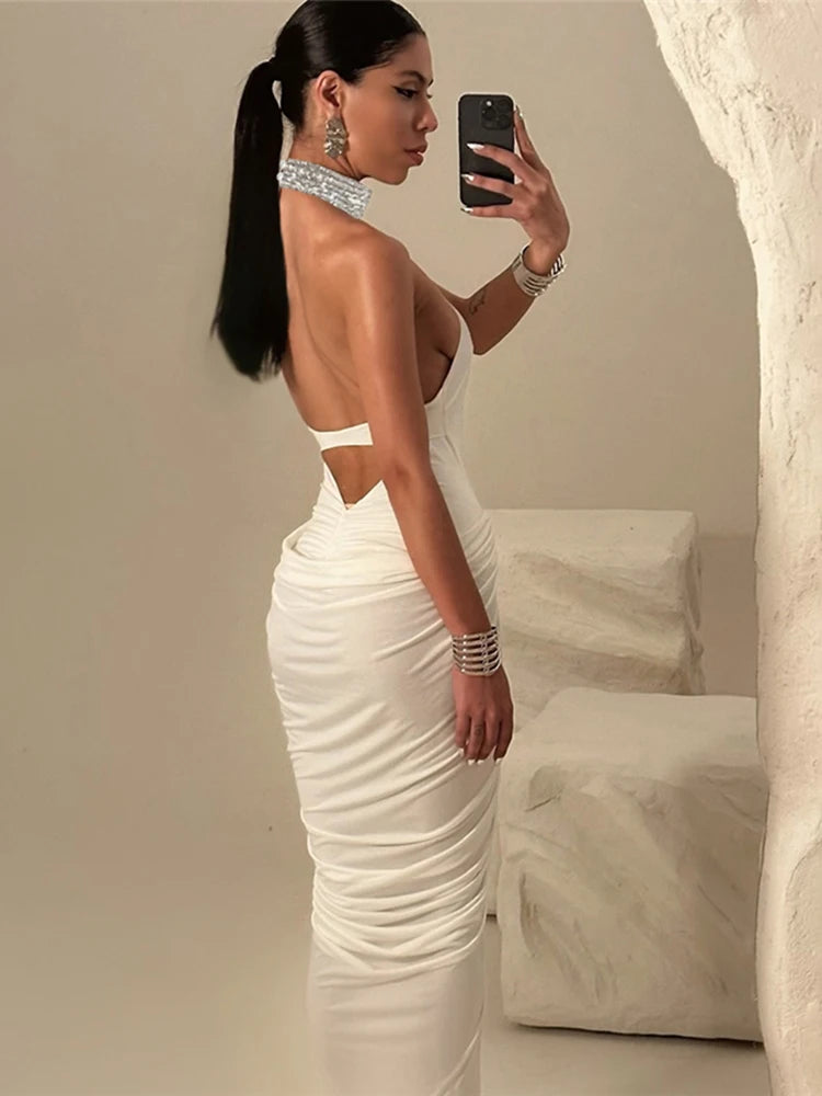 Elegant Backless Halter Ruched Long Dress With Striped Detailing