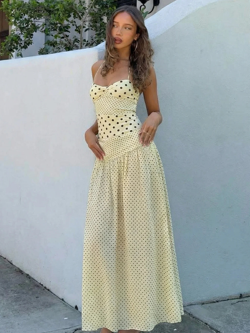 Backless Lace Up Polka Dot Maxi Dress