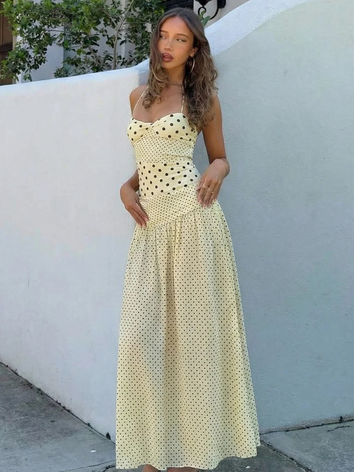 Backless Lace Up Polka Dot Maxi Dress
