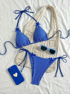 Picnic Plaid Bikini Set in Blue and White Bowknot Halter Top with Tie Up Triangle Bottoms