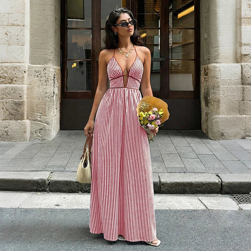 Sea Breeze Striped Deep V Beach Dress With Backless Sleeveless Maxi