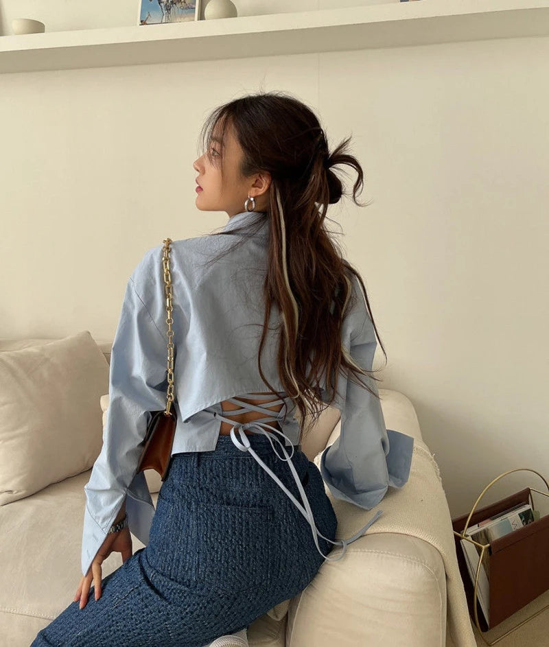 Backless Bandage Blouse With Turn Down Collar And Delicate Lace Up Details