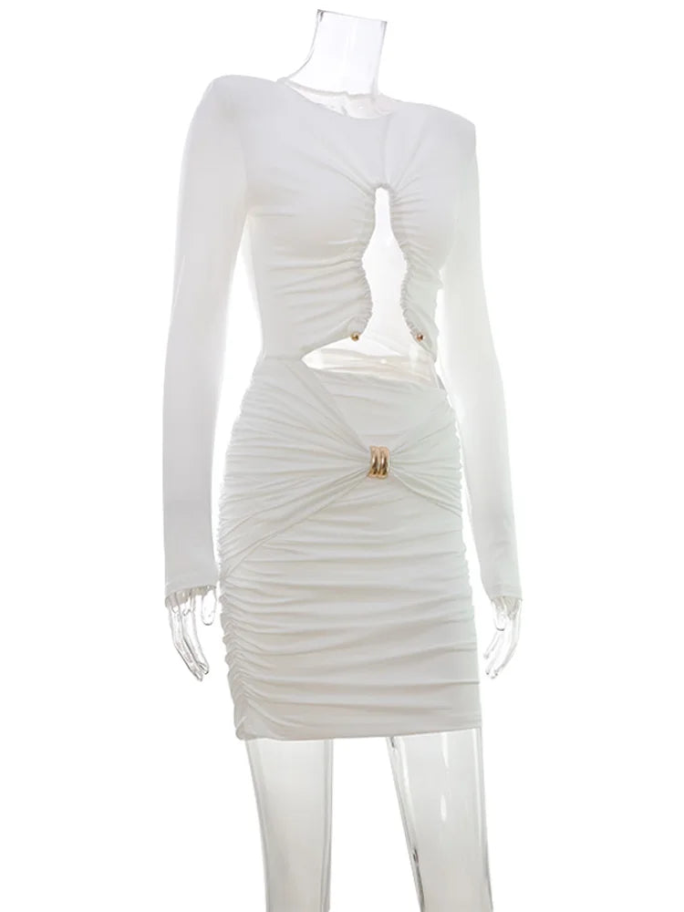 Hollow Out O Neck Long Sleeves Sheath Dress With Hip Wrap Mini