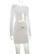 Hollow Out O Neck Long Sleeves Sheath Dress With Hip Wrap Mini