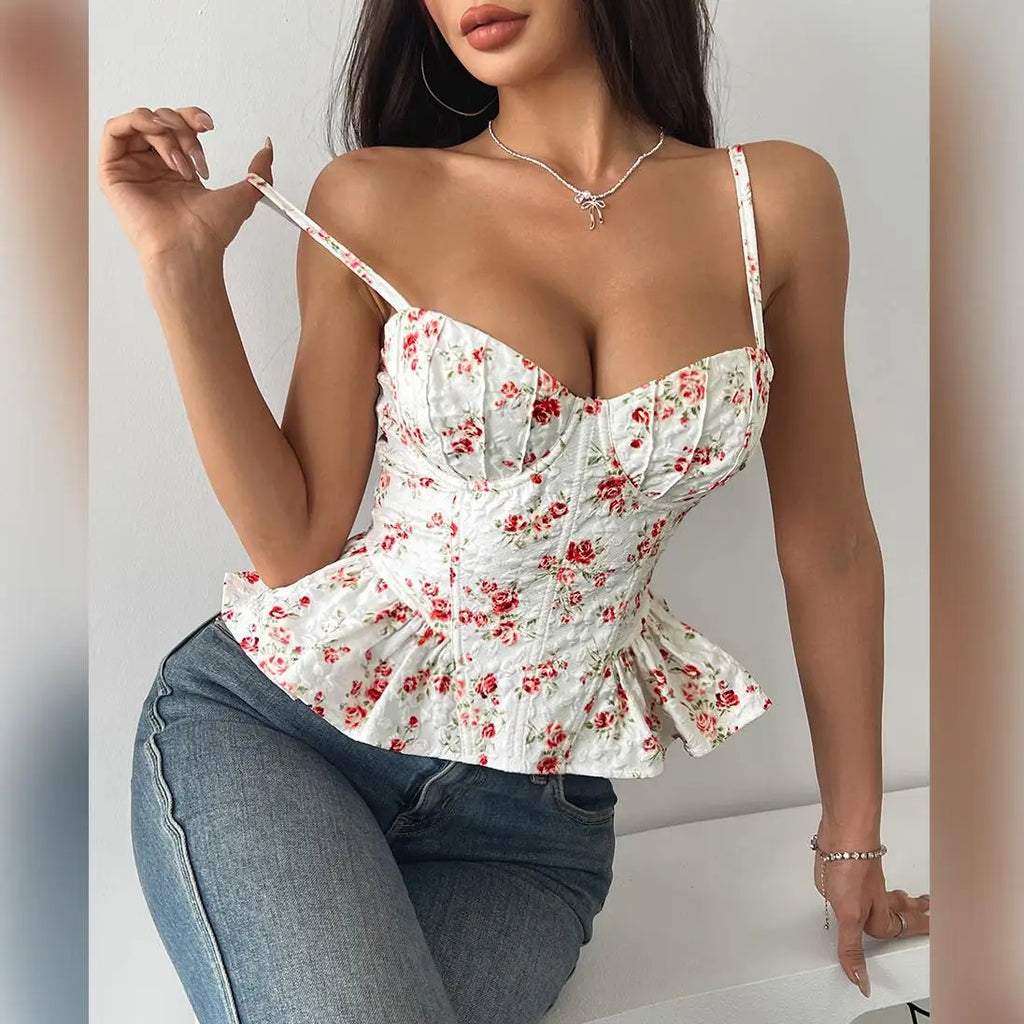 Floral Print Coquette Crop Corset Top With Spaghetti Straps And Ruffle Hem