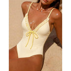 Striped Plaid V Neck  One Piece Swimsuit Female Frilled High Leg Cut Padded