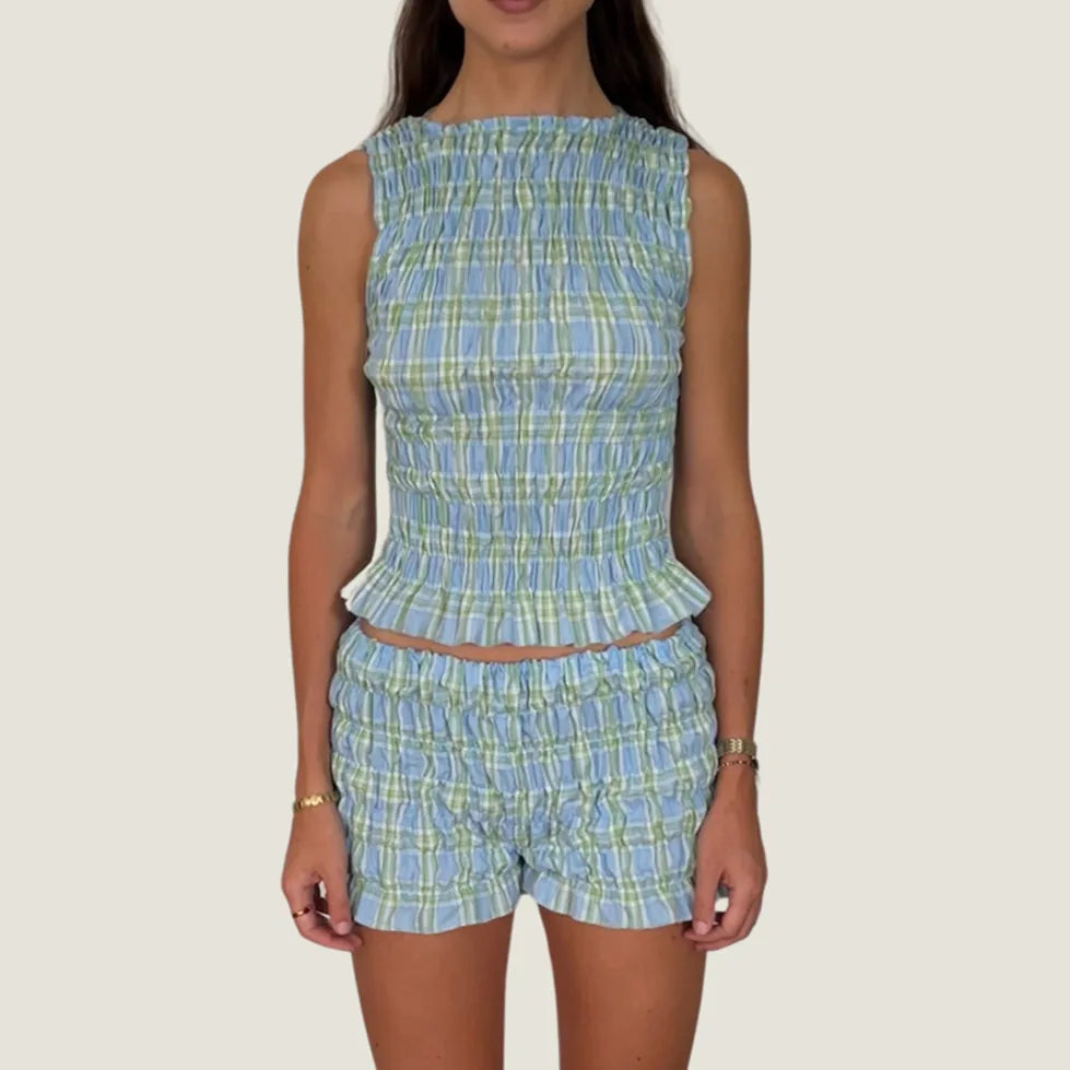 Cozy Two-piece Plaid Shorts Set With Smocked Tank Sleeveless Top And Ruffled Trim