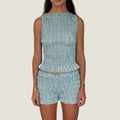 Cozy Two-piece Plaid Shorts Set With Smocked Tank Sleeveless Top And Ruffled Trim