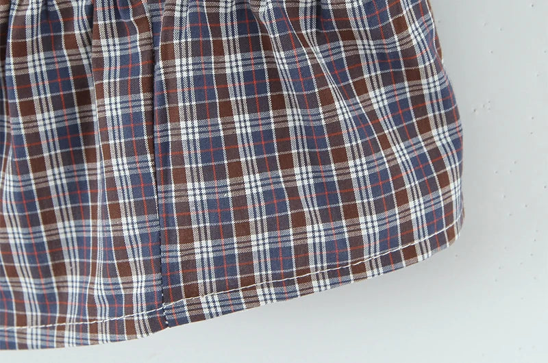 Sweet Plaid Chic Single Breasted Cropped Tops French Square Collar Puff Sleeve Blouse