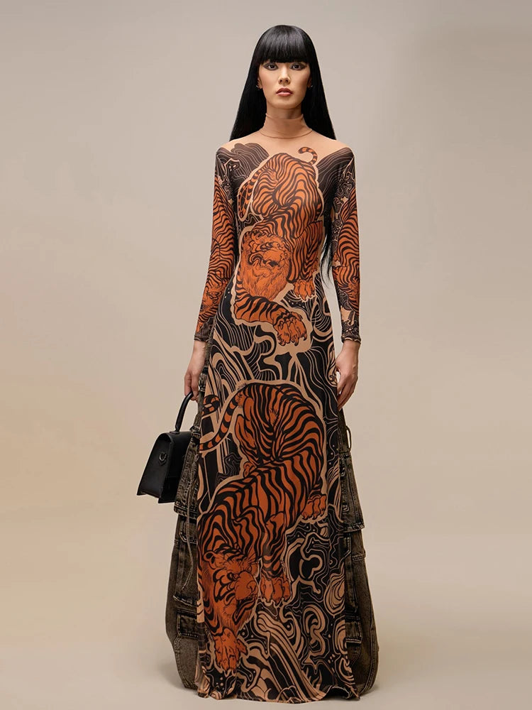 Tiger Print Sheer Long Sleeve Top With High Neck And Slits Street Style
