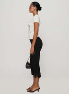 Women's Y2K Cute Capri Pants Solid Color Satin Bow Decor Side Split Summer Slim CroppedTrousers Stretch Crop Leggings