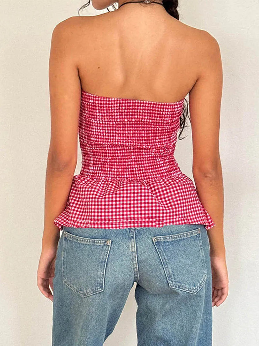Retro Gingham Crop Top In Plaid Strapless Sleeveless Cami With Ruffle Hem
