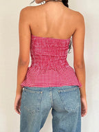 Retro Gingham Crop Top In Plaid Strapless Sleeveless Cami With Ruffle Hem