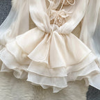 Boho 3D Floral Chiffon Sundress With Long Sleeves Lace Up Ruffle Detail