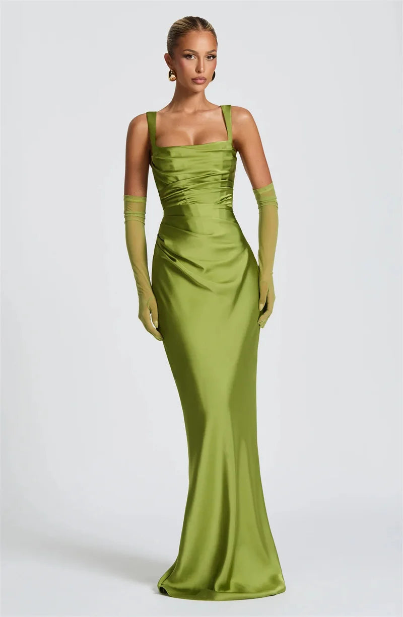 Elegant Satin Backless Halter Off-Shoulder Maxi Dress