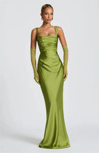 Elegant Satin Backless Halter Off-Shoulder Maxi Dress