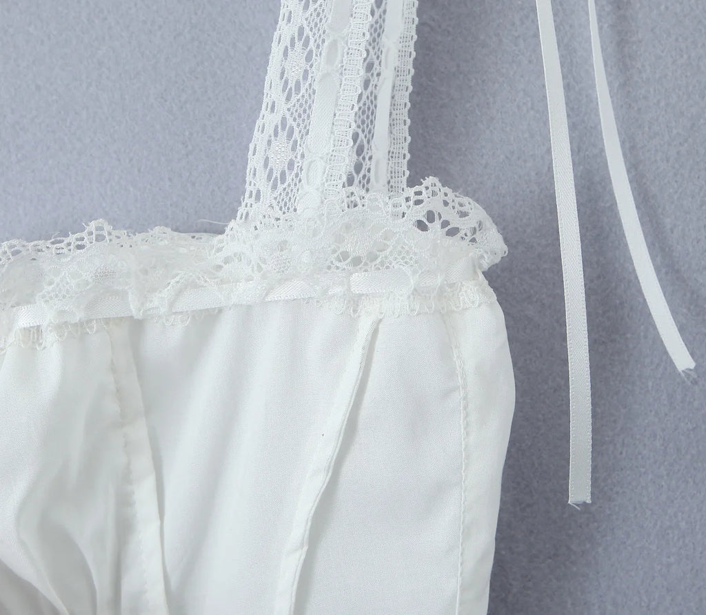 White Lace Trim Crop Top With Ribbon Bow Collar