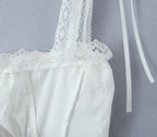 White Lace Trim Crop Top With Ribbon Bow Collar