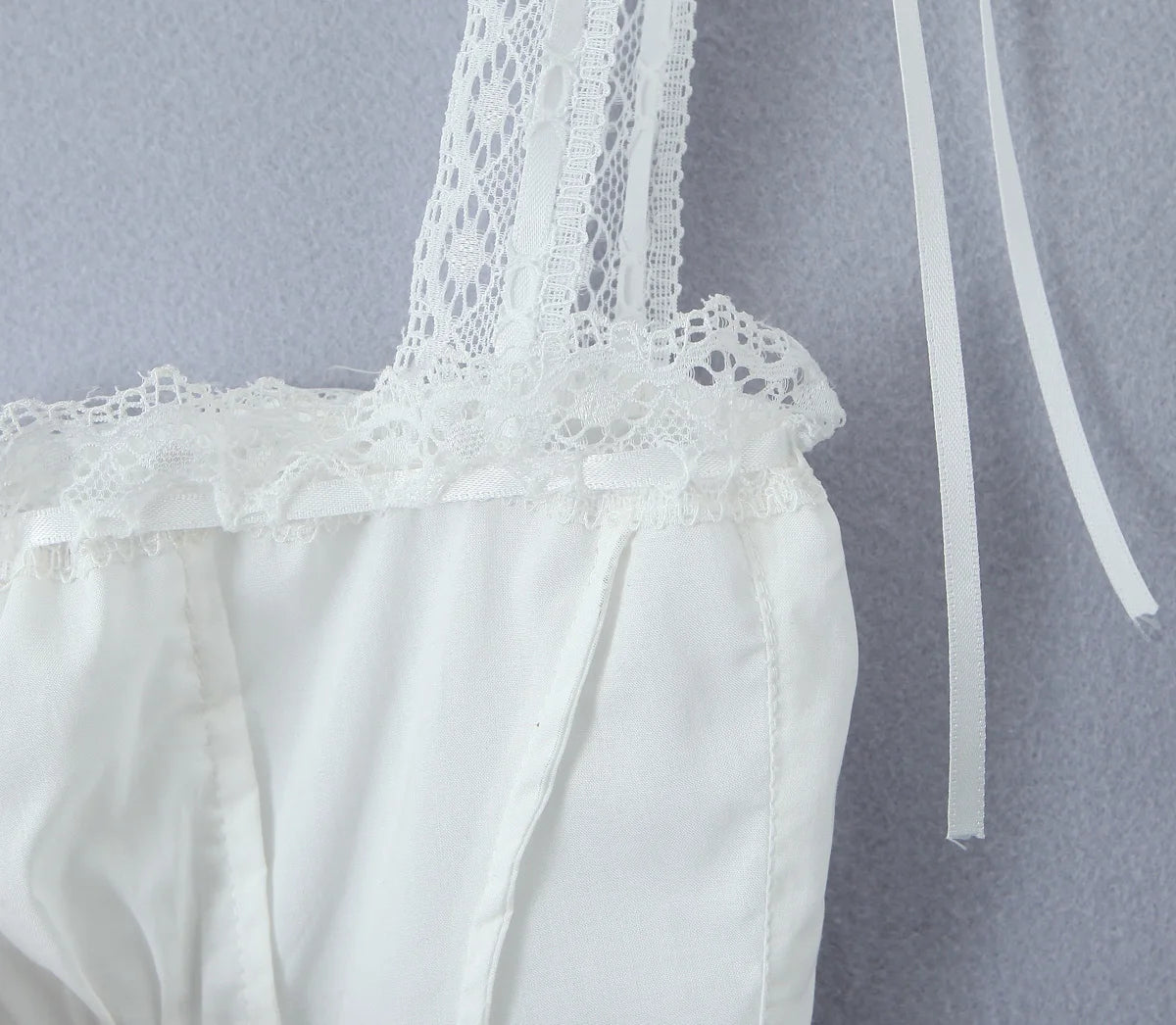White Lace Trim Crop Top With Ribbon Bow Collar