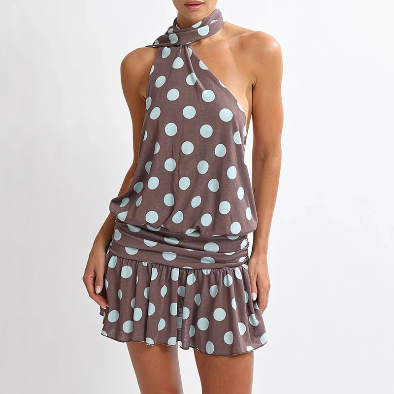 Vintage Polka Dot Backless Halter Dress With Ruffles And Pleated Skirt