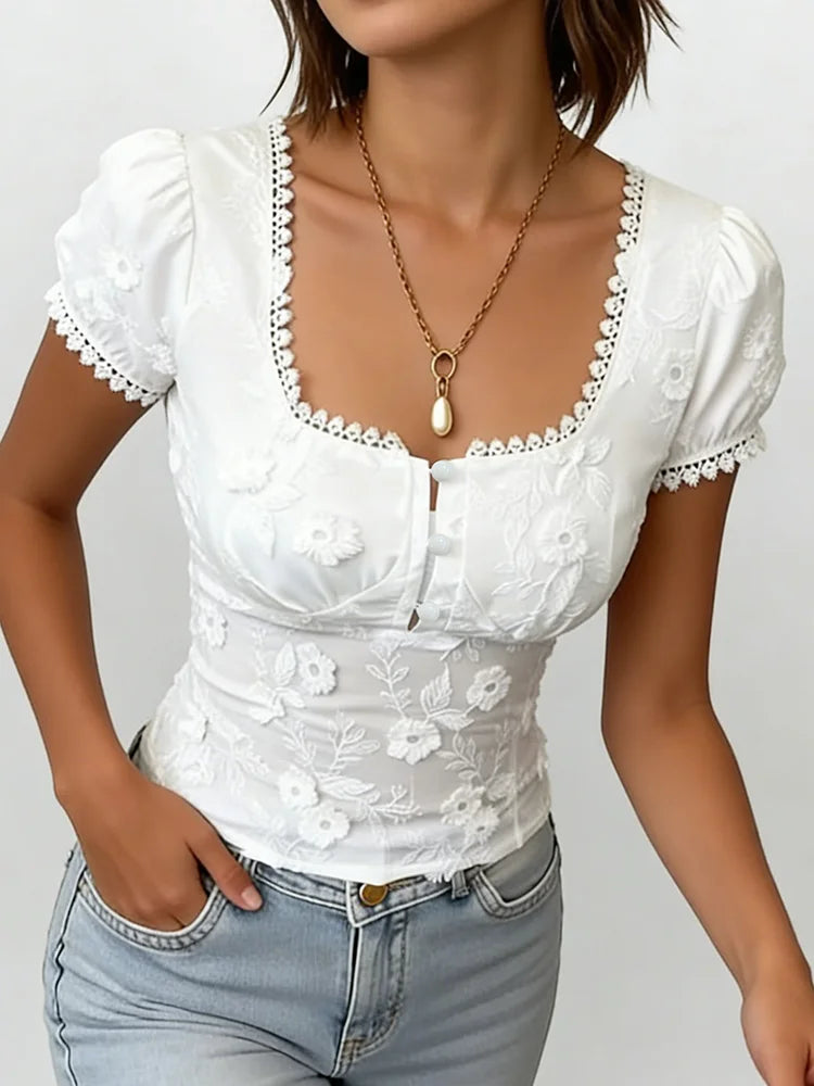 Romantic Lace Trim Hollow Out Top With Square Neck