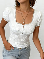 Romantic Lace Trim Hollow Out Top With Square Neck