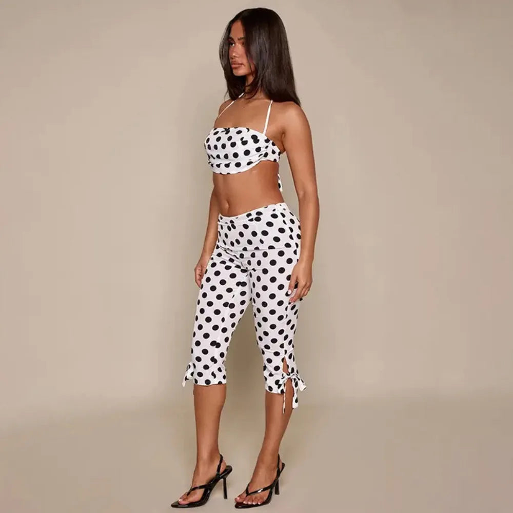 Polka Dot Two piece Halter Crop Set With Backless Top And Skinny Capri Pants
