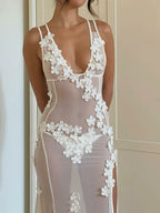 Sexy Sheer Mesh Sleeveless Dress With V Neck Floral Slit