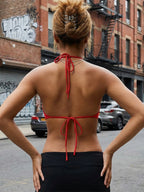 Deep Plunge Halter Crop Top With Open Back Tie Detail
