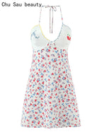 Women Fashion Sweet Floral Print Chic Halter Neck Cami Mini Y2K Embroidery Backless Dress