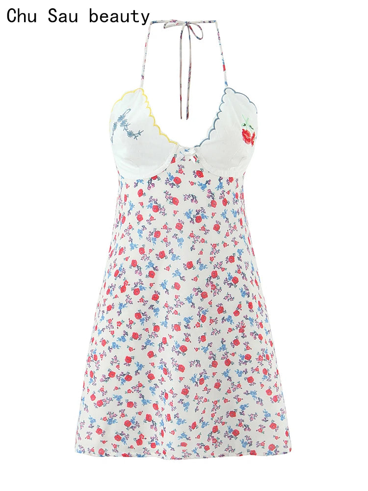 Women Fashion Sweet Floral Print Chic Halter Neck Cami Mini Y2K Embroidery Backless Dress