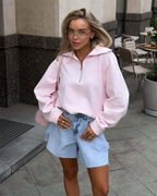 Fashion Women Pink Sweatshirt Vintage  Pullover Loose Half Zip Letter Embroidery Outwear