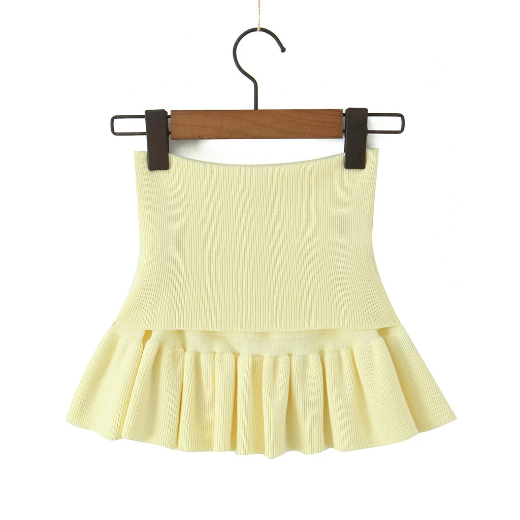 Y2K Women Roll Down Rib Knitted Hem Ruched Pleated Mini Skirt Elastic Waist Hips A-line Skirt