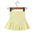 Y2K Women Roll Down Rib Knitted Hem Ruched Pleated Mini Skirt Elastic Waist Hips A-line Skirt