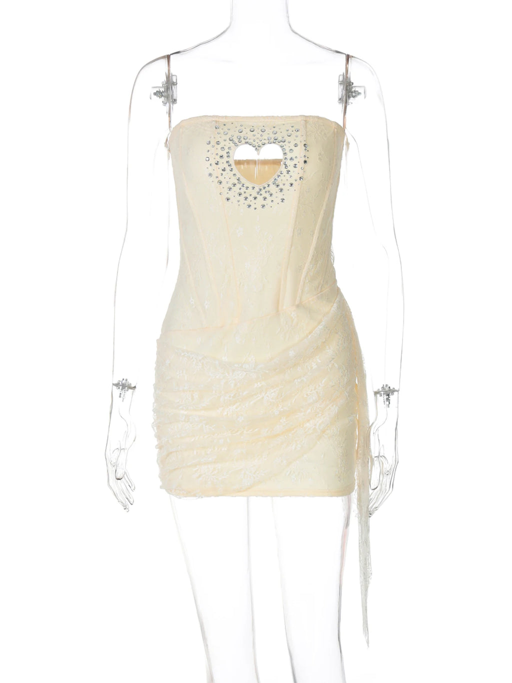 Sequined Strapless Mesh Mini Dress With Heart Cutout Zip Front